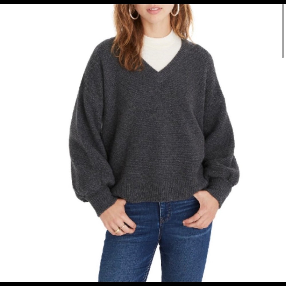 Madewell 100% Cashmere V-Neck Bubble-Sleeve Sweater XL Grey